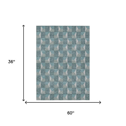 3' X 5' Teal Blue And Gray Geometric Washable Indoor Outdoor Area Rug HomeRoots