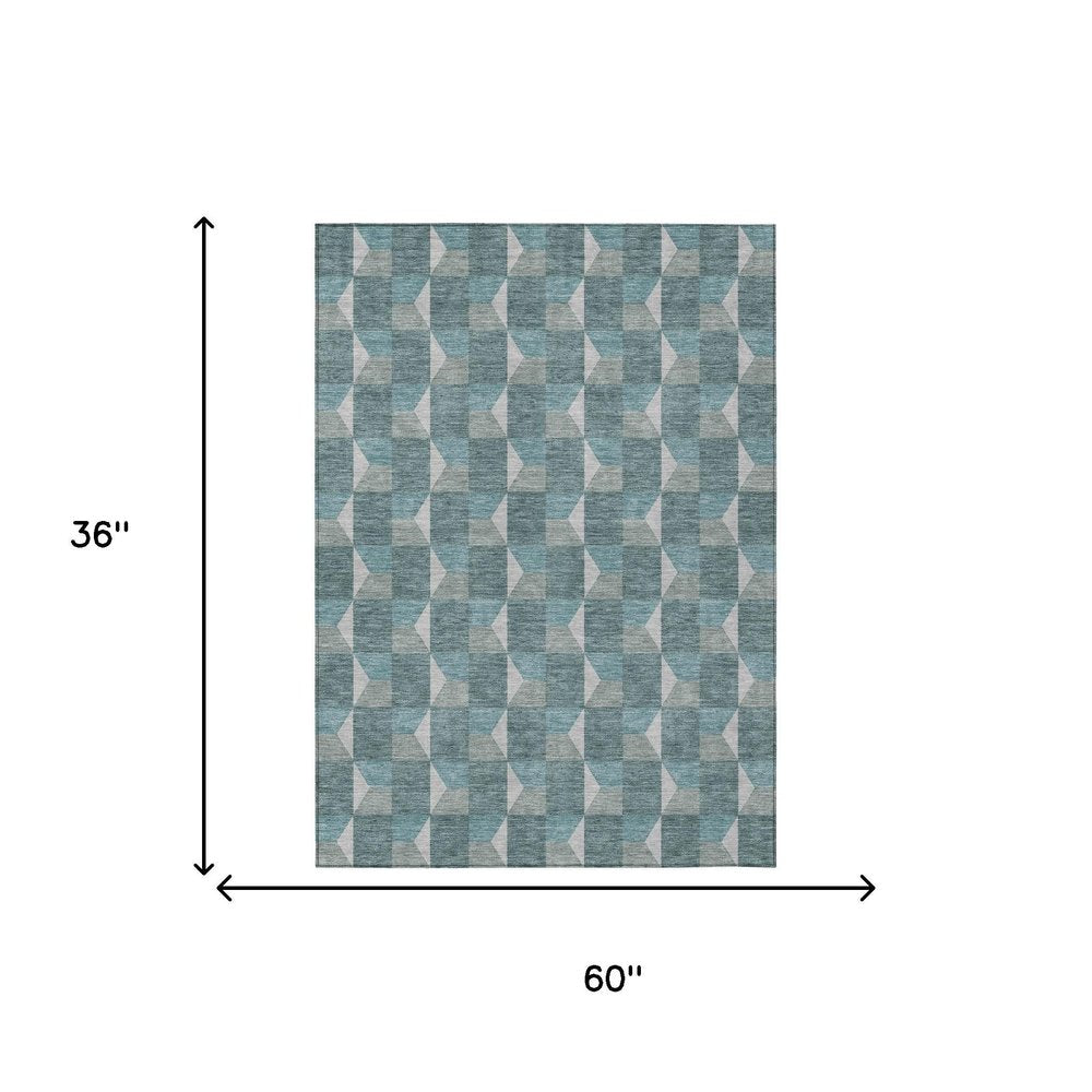 3' X 5' Teal Blue And Gray Geometric Washable Indoor Outdoor Area Rug