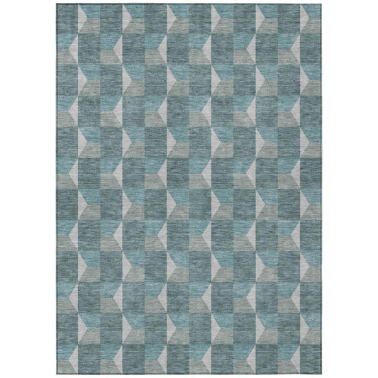 3' X 5' Teal Blue And Gray Geometric Washable Indoor Outdoor Area Rug