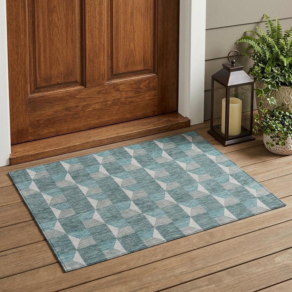 3' X 5' Teal Blue And Gray Geometric Washable Indoor Outdoor Area Rug — view 7