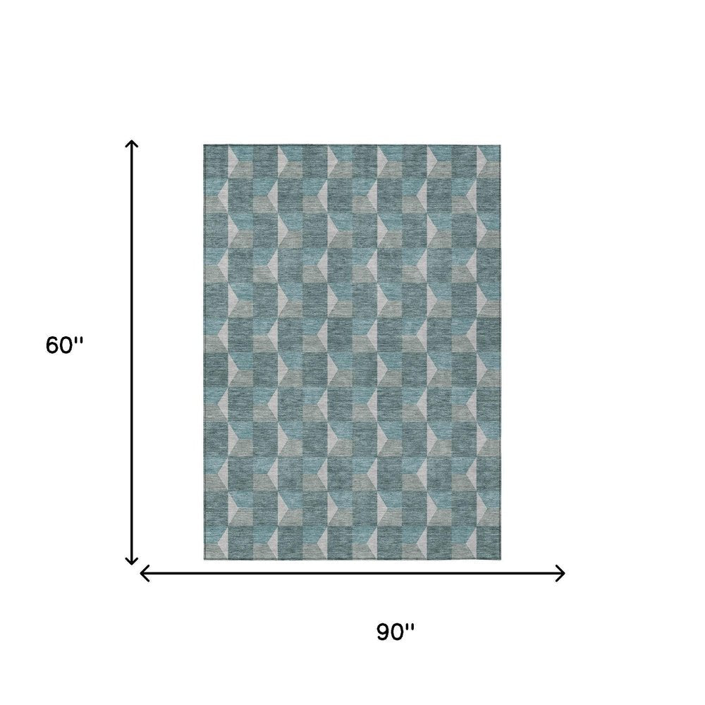 5' X 8' Teal Blue And Gray Geometric Washable Indoor Outdoor Area Rug — view 7