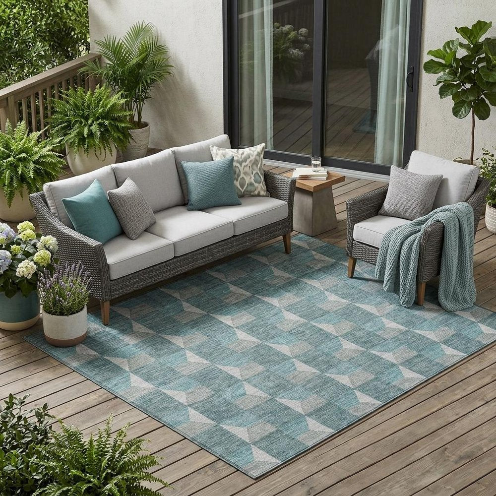 5' X 8' Teal Blue And Gray Geometric Washable Indoor Outdoor Area Rug HomeRoots