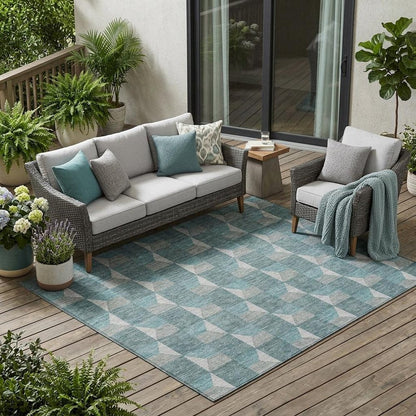 5' X 8' Teal Blue And Gray Geometric Washable Indoor Outdoor Area Rug HomeRoots