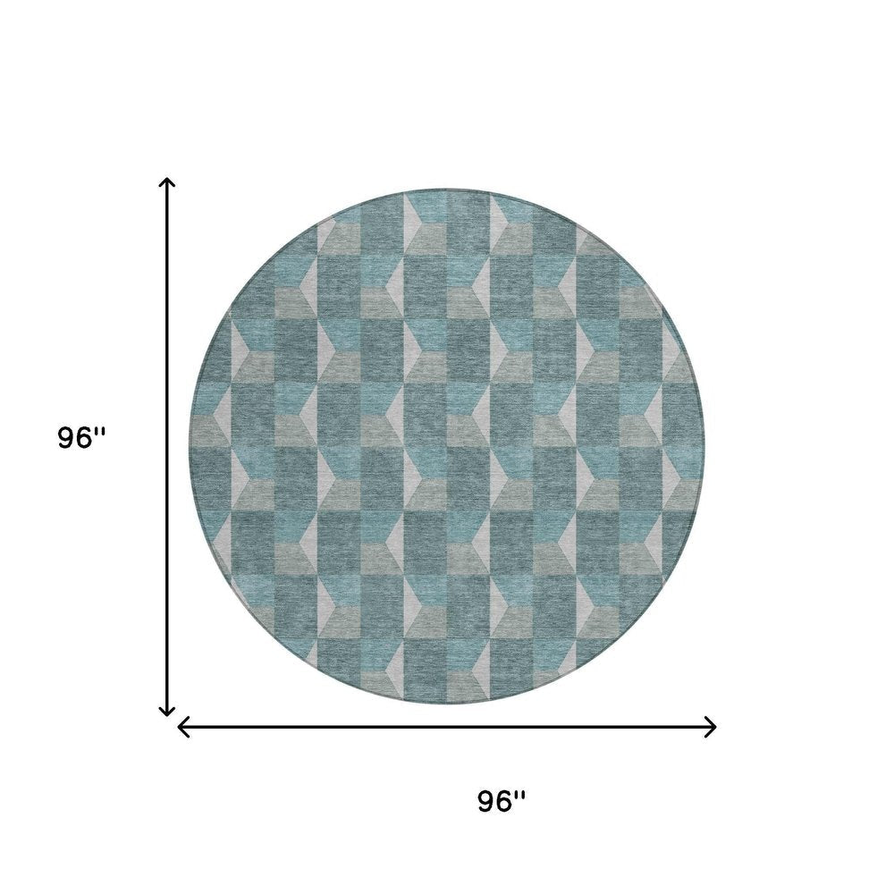 8' Teal Blue And Gray Round Geometric Washable Indoor Outdoor Area Rug HomeRoots