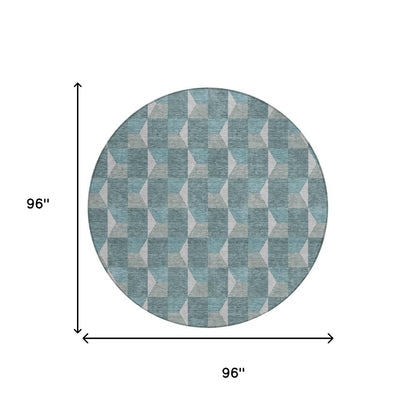 8' Teal Blue And Gray Round Geometric Washable Indoor Outdoor Area Rug HomeRoots