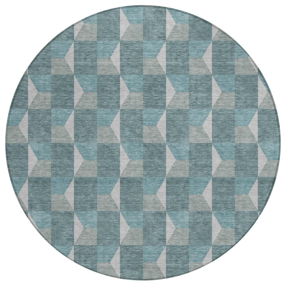 8' Teal Blue And Gray Round Geometric Washable Indoor Outdoor Area Rug — view 1