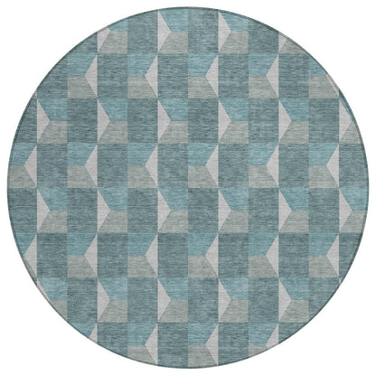 8' Teal Blue And Gray Round Geometric Washable Indoor Outdoor Area Rug HomeRoots