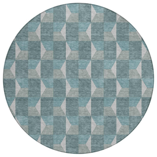 8' Teal Blue And Gray Round Geometric Washable Indoor Outdoor Area Rug