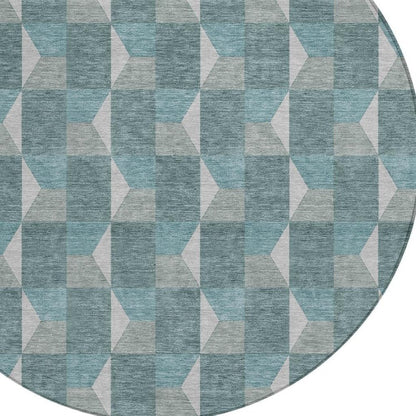 8' Teal Blue And Gray Round Geometric Washable Indoor Outdoor Area Rug HomeRoots