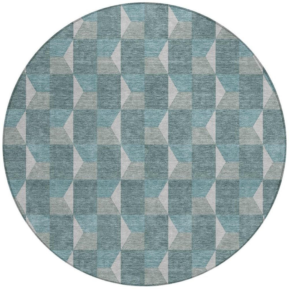 8' Teal Blue And Gray Round Geometric Washable Indoor Outdoor Area Rug HomeRoots