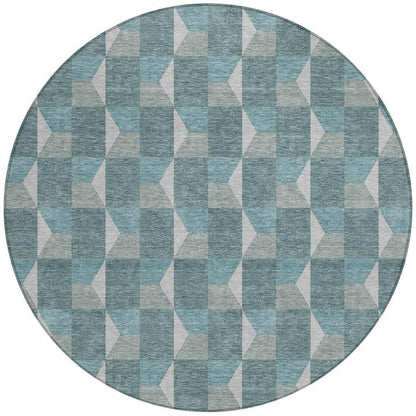 8' Teal Blue And Gray Round Geometric Washable Indoor Outdoor Area Rug HomeRoots