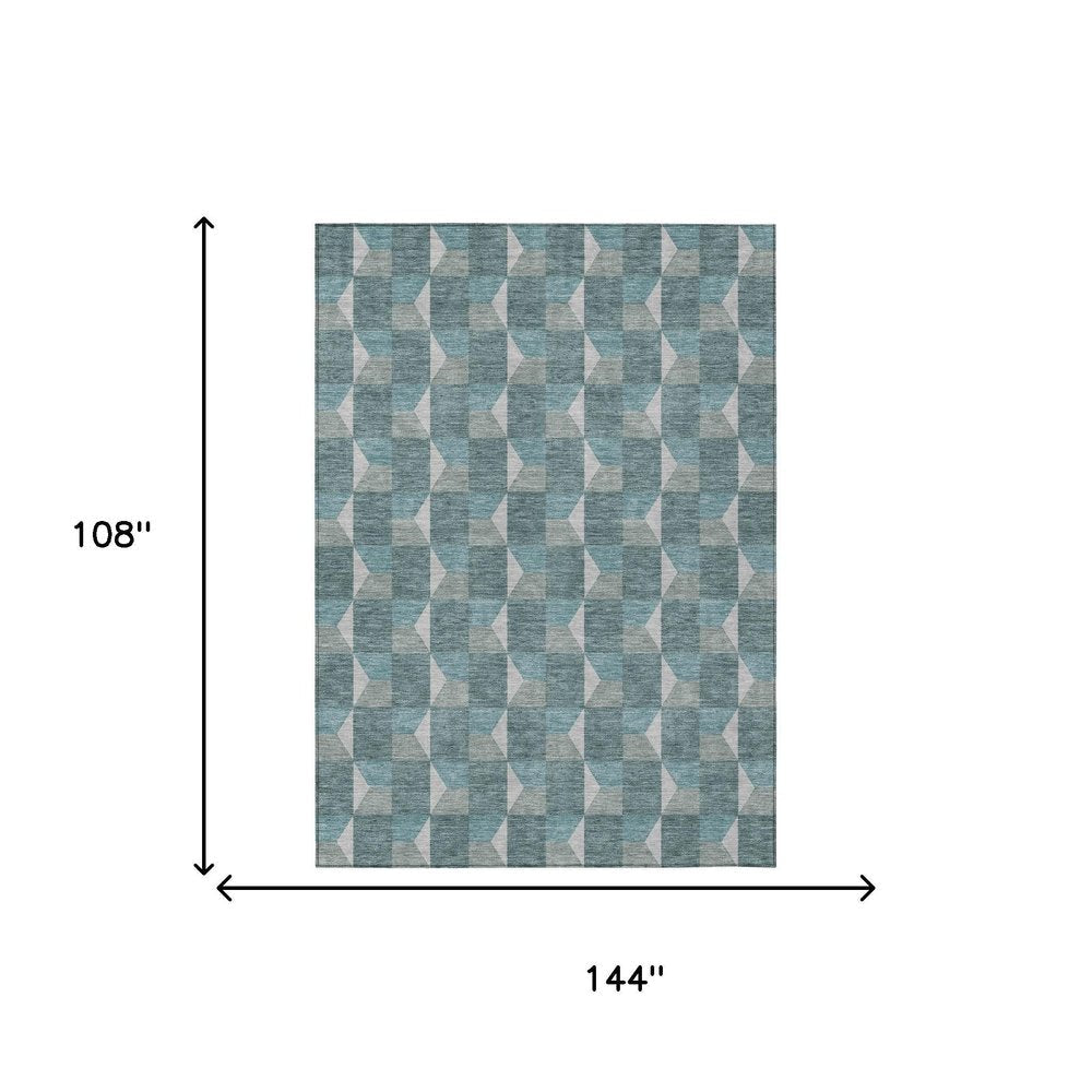 9' X 12' Teal Blue And Gray Geometric Washable Indoor Outdoor Area Rug — view 6