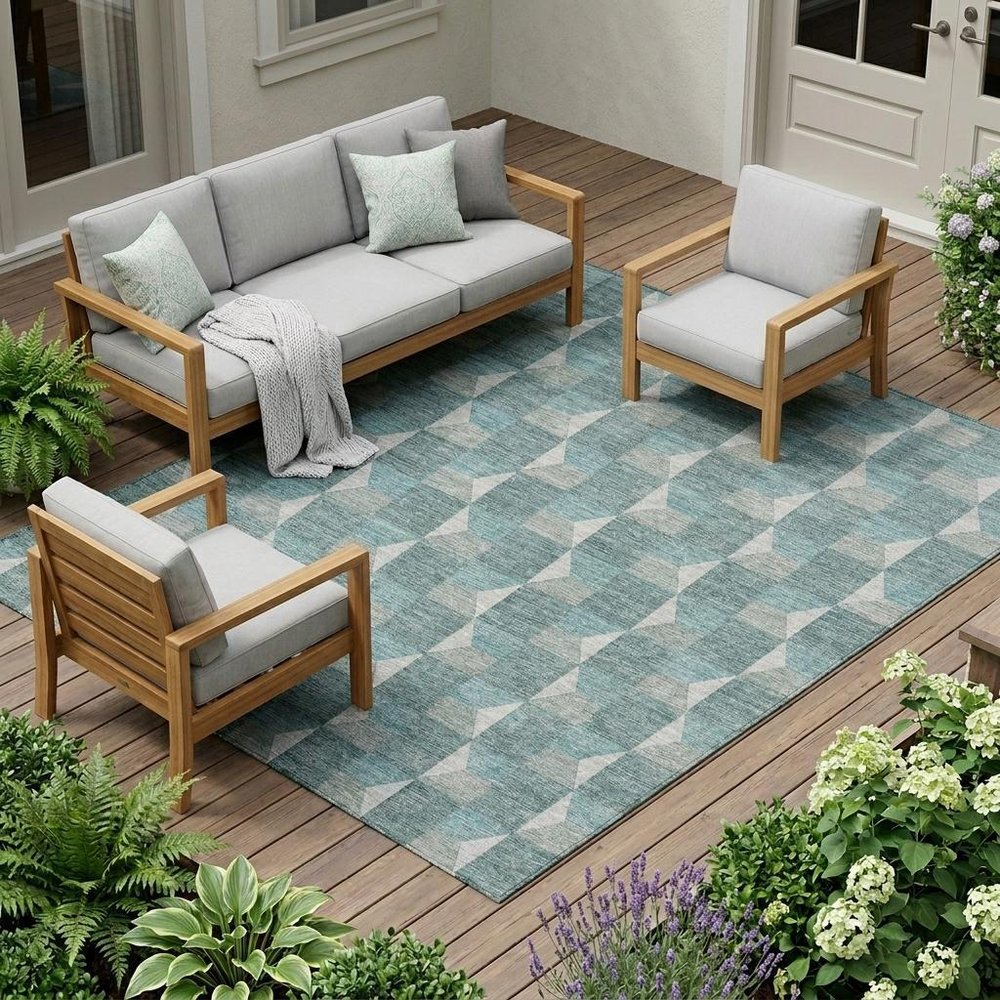 9' X 12' Teal Blue And Gray Geometric Washable Indoor Outdoor Area Rug HomeRoots