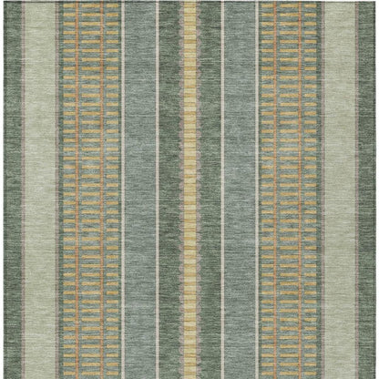10' X 14' Green And Denim Blue Striped Washable Indoor Outdoor Area Rug