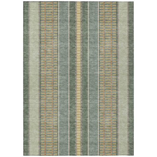 10' X 14' Green And Denim Blue Striped Washable Indoor Outdoor Area Rug