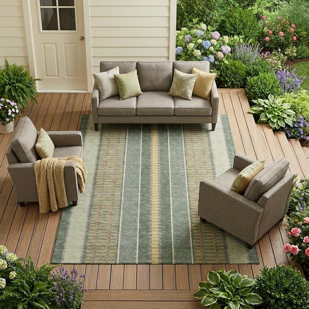 10' X 14' Green And Denim Blue Striped Washable Indoor Outdoor Area Rug — view 7