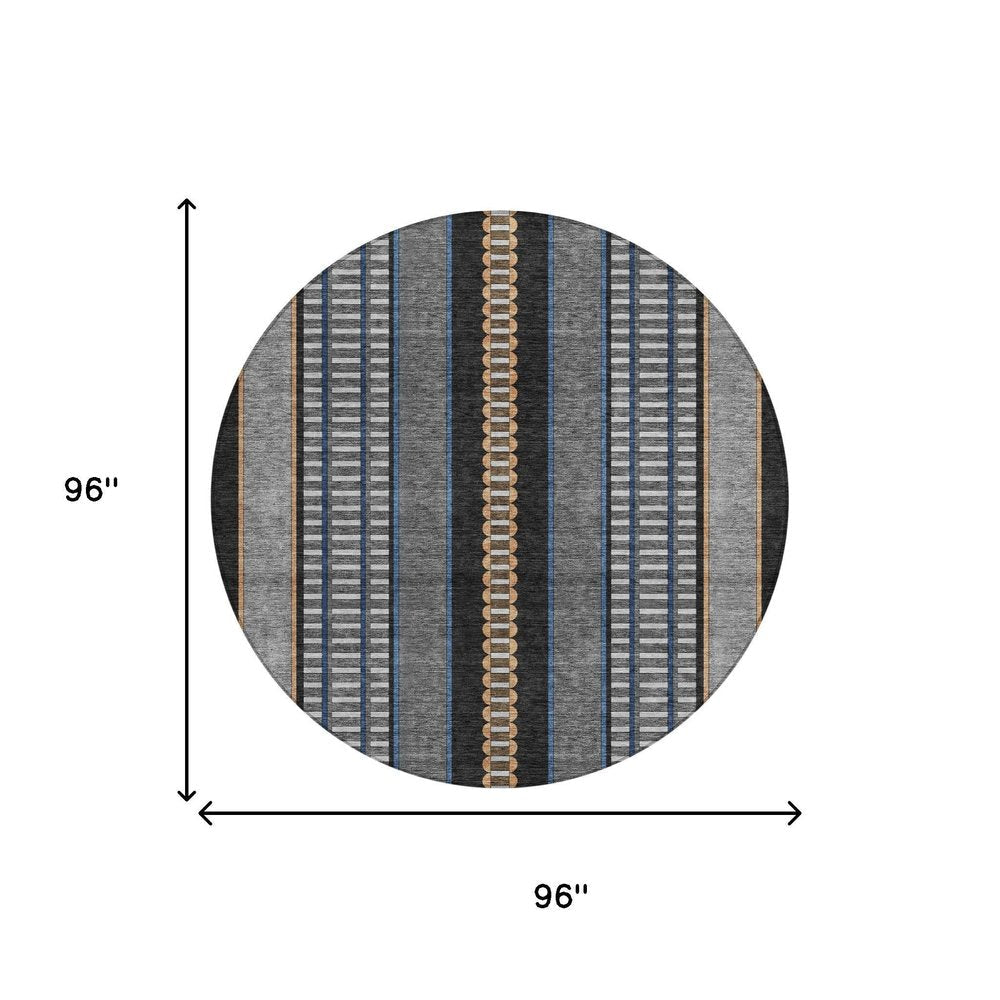 8' Black And Copper Round Striped Washable Indoor Outdoor Area Rug — view 6