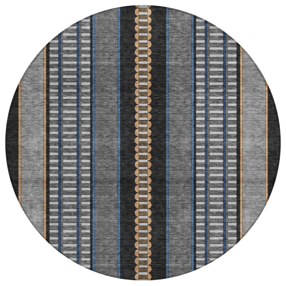 8' Black And Copper Round Striped Washable Indoor Outdoor Area Rug HomeRoots