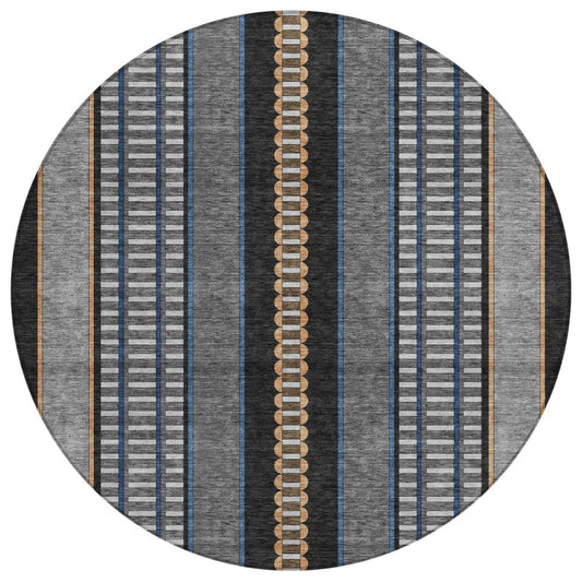 8' Black And Copper Round Striped Washable Indoor Outdoor Area Rug