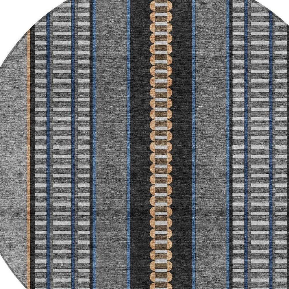8' Black And Copper Round Striped Washable Indoor Outdoor Area Rug — view 4