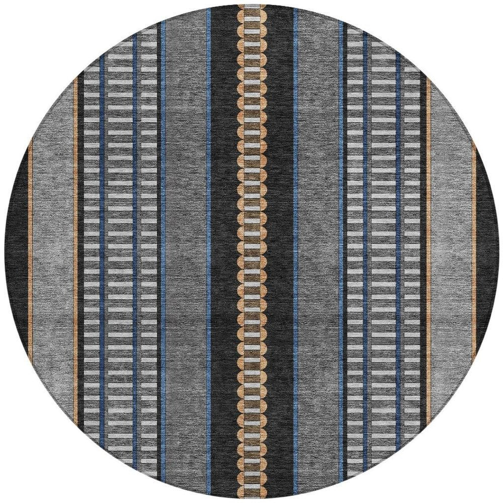 8' Black And Copper Round Striped Washable Indoor Outdoor Area Rug — view 5