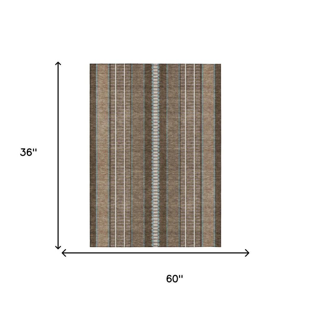 3' X 5' Chocolate And Blue Striped Washable Indoor Outdoor Area Rug HomeRoots