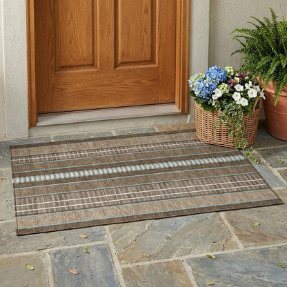 3' X 5' Chocolate And Blue Striped Washable Indoor Outdoor Area Rug HomeRoots