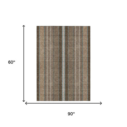 5' X 8' Chocolate And Blue Striped Washable Indoor Outdoor Area Rug HomeRoots