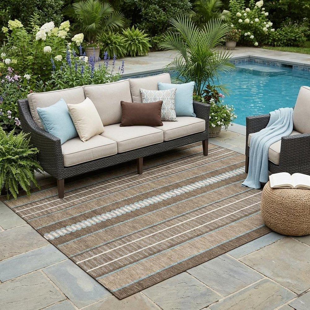 5' X 8' Chocolate And Blue Striped Washable Indoor Outdoor Area Rug HomeRoots