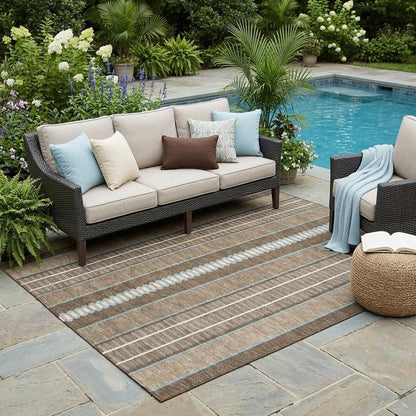 5' X 8' Chocolate And Blue Striped Washable Indoor Outdoor Area Rug HomeRoots