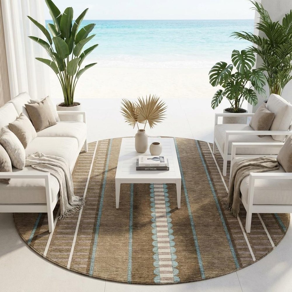 8' Chocolate And Blue Round Striped Washable Indoor Outdoor Area Rug HomeRoots