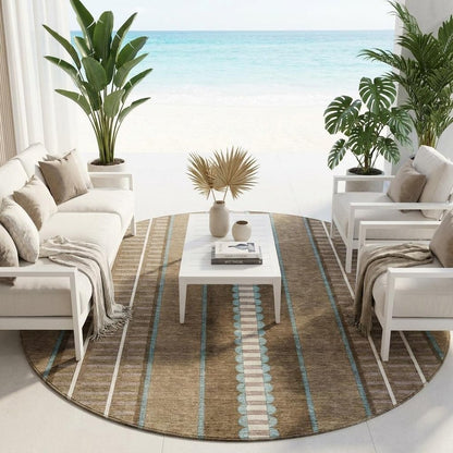 8' Chocolate And Blue Round Striped Washable Indoor Outdoor Area Rug HomeRoots