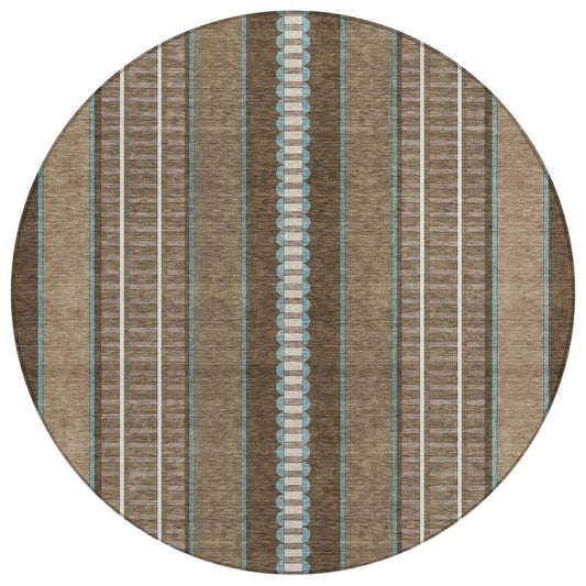 8' Chocolate And Blue Round Striped Washable Indoor Outdoor Area Rug