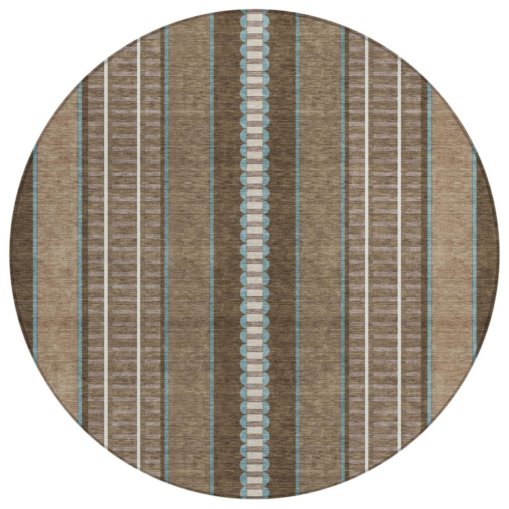 8' Chocolate And Blue Round Striped Washable Indoor Outdoor Area Rug