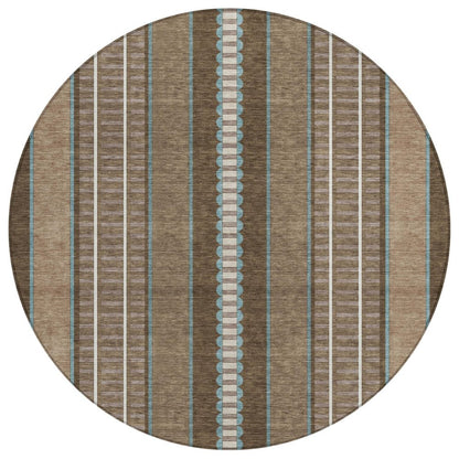 8' Chocolate And Blue Round Striped Washable Indoor Outdoor Area Rug