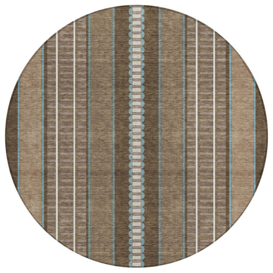 8' Chocolate And Blue Round Striped Washable Indoor Outdoor Area Rug