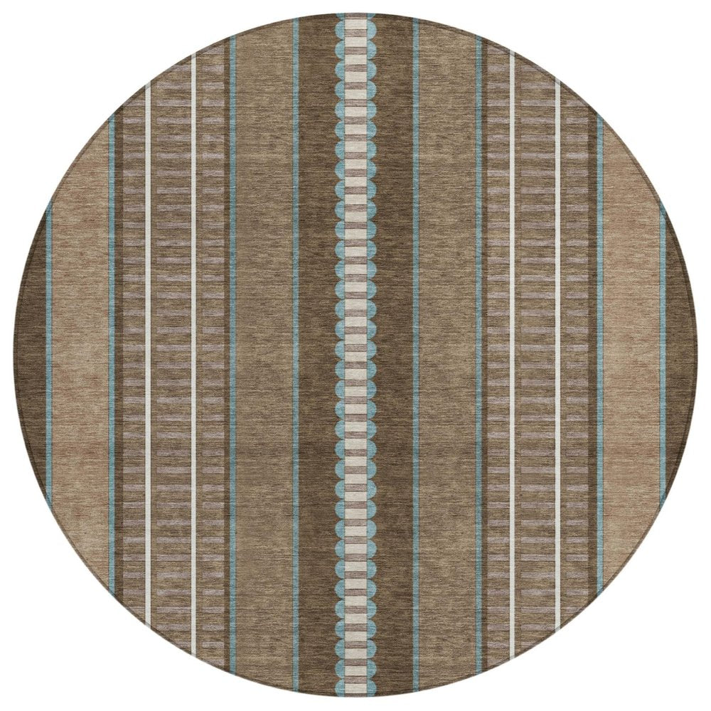8' Chocolate And Blue Round Striped Washable Indoor Outdoor Area Rug — view 1
