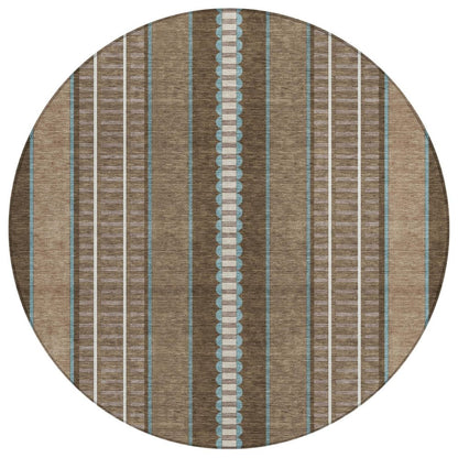 8' Chocolate And Blue Round Striped Washable Indoor Outdoor Area Rug HomeRoots