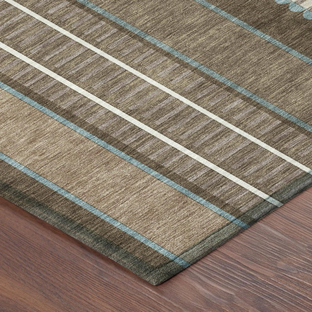 8' Chocolate And Blue Round Striped Washable Indoor Outdoor Area Rug — view 2