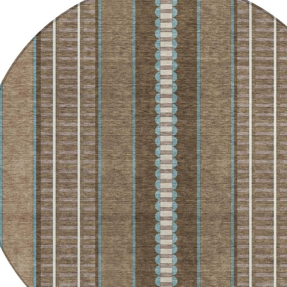 8' Chocolate And Blue Round Striped Washable Indoor Outdoor Area Rug — view 4