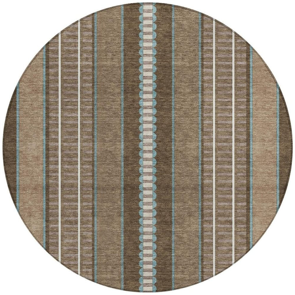 8' Chocolate And Blue Round Striped Washable Indoor Outdoor Area Rug HomeRoots