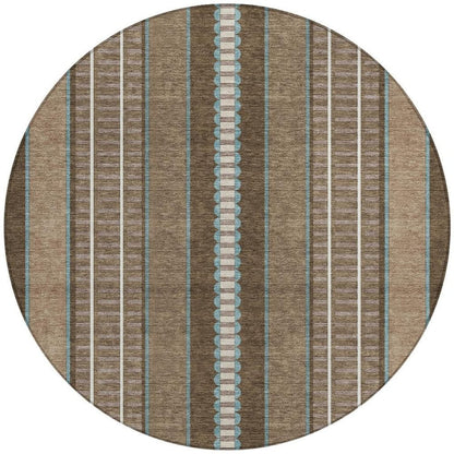 8' Chocolate And Blue Round Striped Washable Indoor Outdoor Area Rug