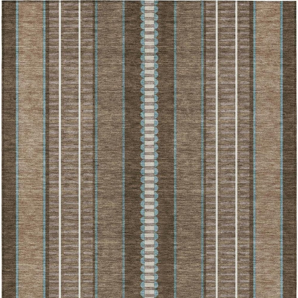 8' X 10' Chocolate And Blue Striped Washable Indoor Outdoor Area Rug — view 9