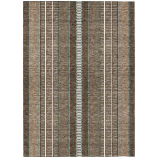 8' X 10' Chocolate And Blue Striped Washable Indoor Outdoor Area Rug