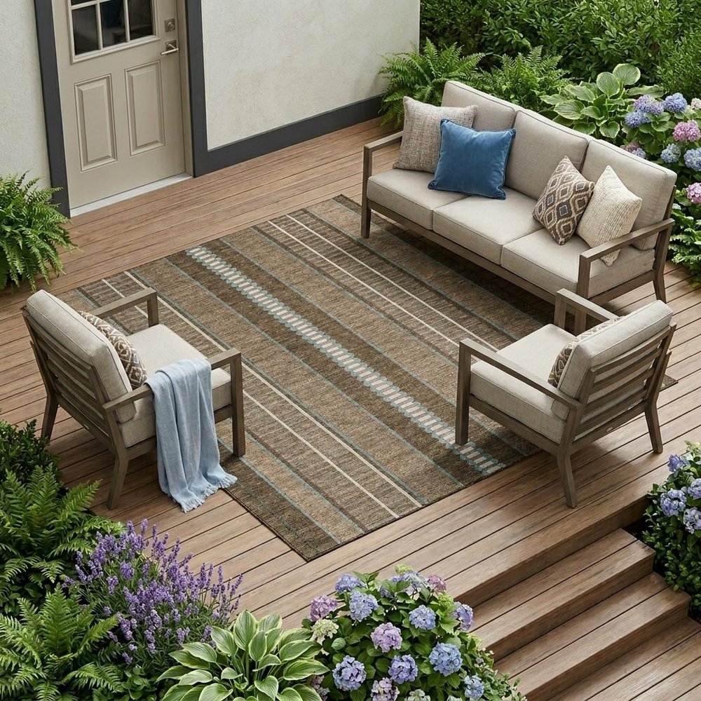 8' X 10' Chocolate And Blue Striped Washable Indoor Outdoor Area Rug