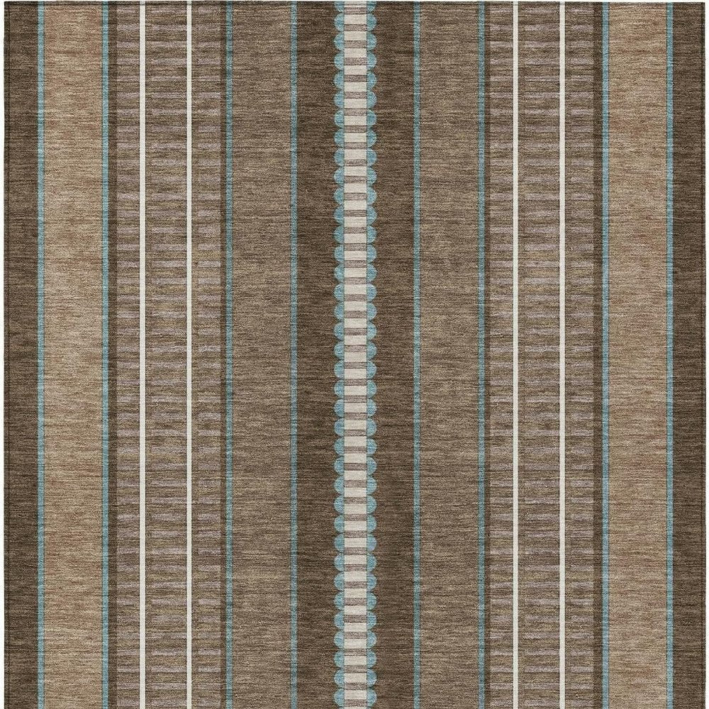 9' X 12' Chocolate And Blue Striped Washable Indoor Outdoor Area Rug HomeRoots
