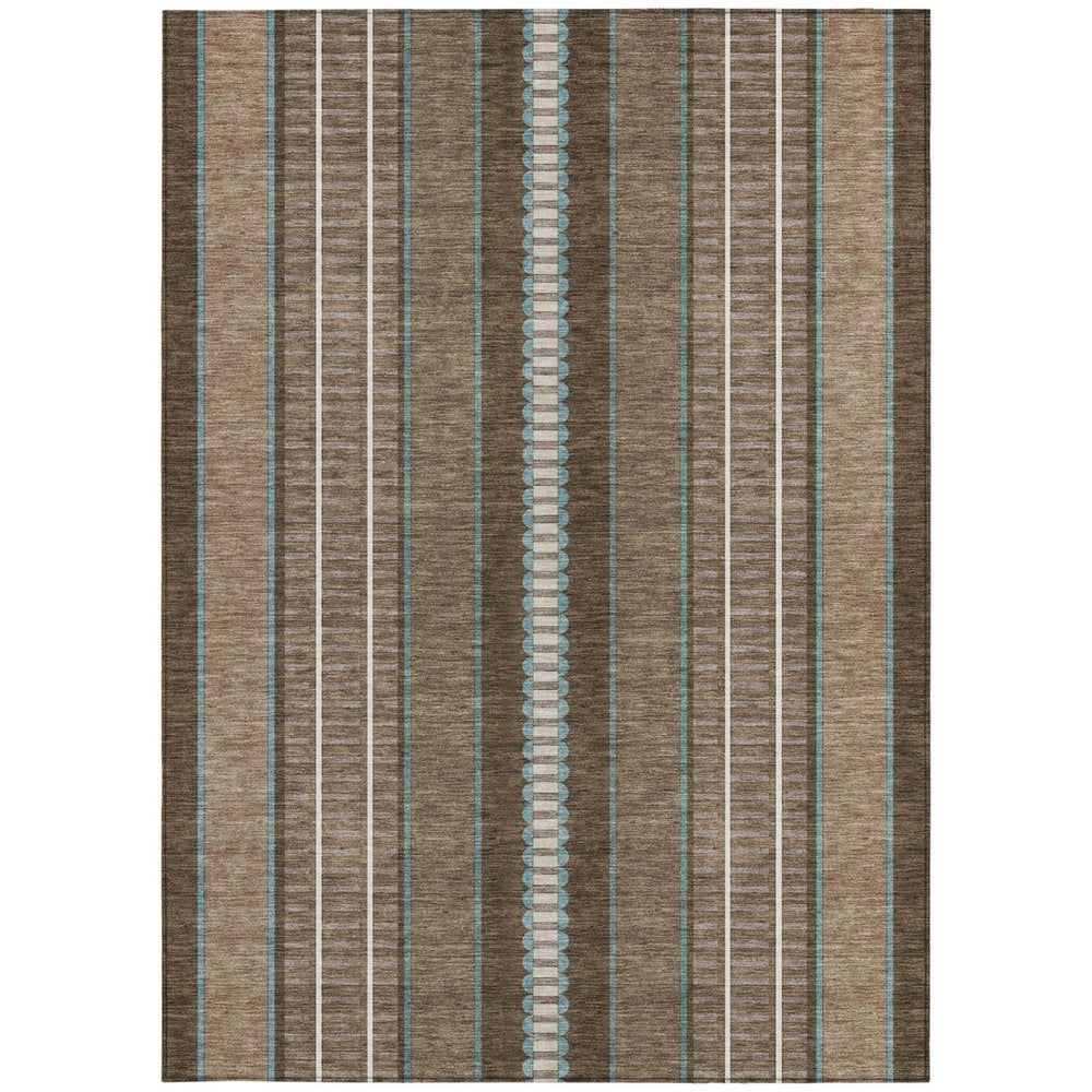 9' X 12' Chocolate And Blue Striped Washable Indoor Outdoor Area Rug HomeRoots