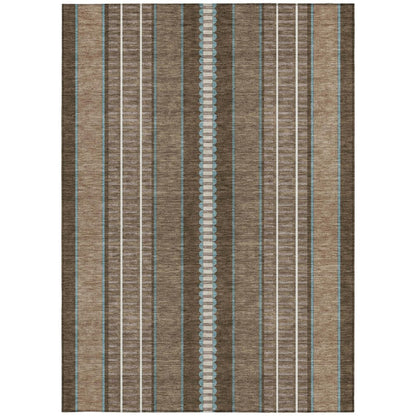 9' X 12' Chocolate And Blue Striped Washable Indoor Outdoor Area Rug HomeRoots