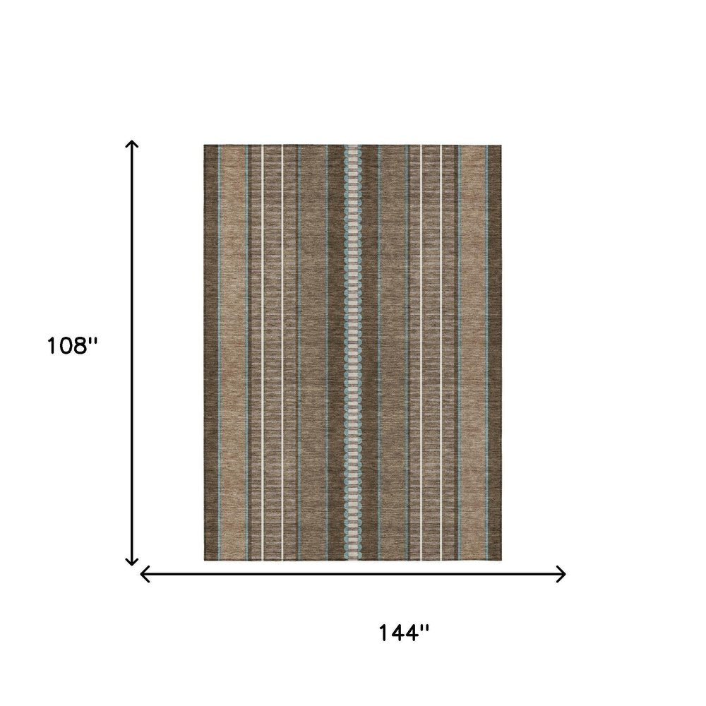 9' X 12' Chocolate And Blue Striped Washable Indoor Outdoor Area Rug HomeRoots