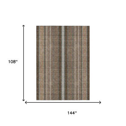 9' X 12' Chocolate And Blue Striped Washable Indoor Outdoor Area Rug HomeRoots